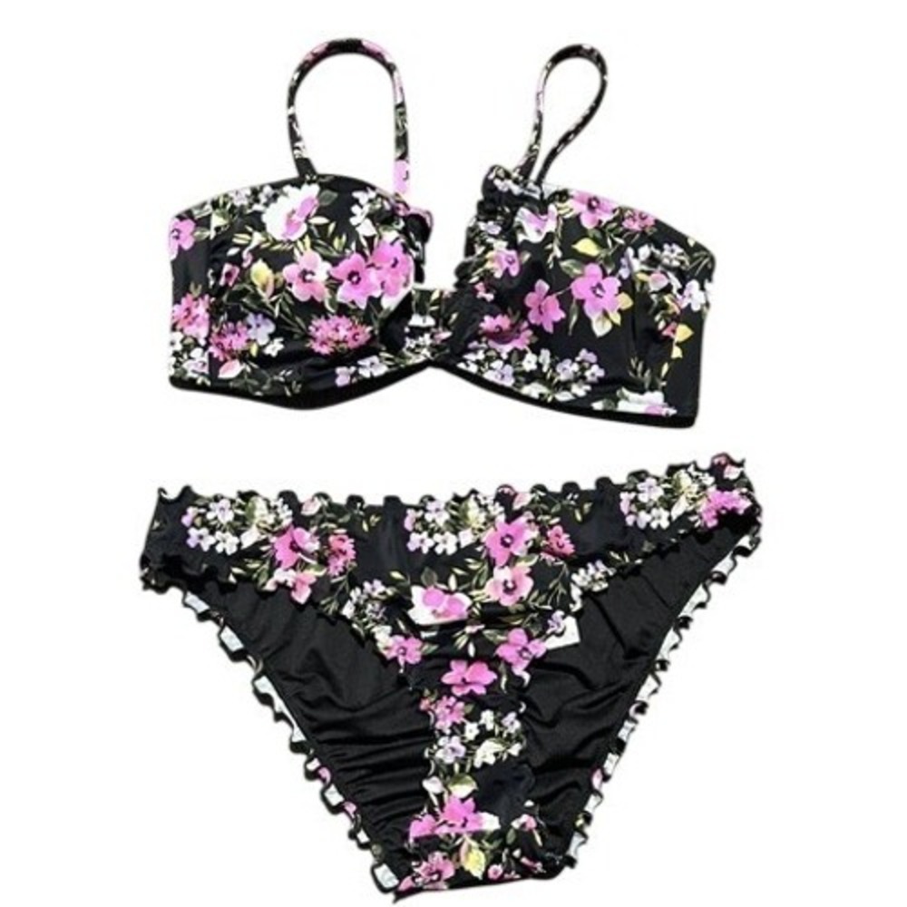 Shade & Shore Womens Floral Bikini Set Black Pink Ruffle Edge Coquette Medium